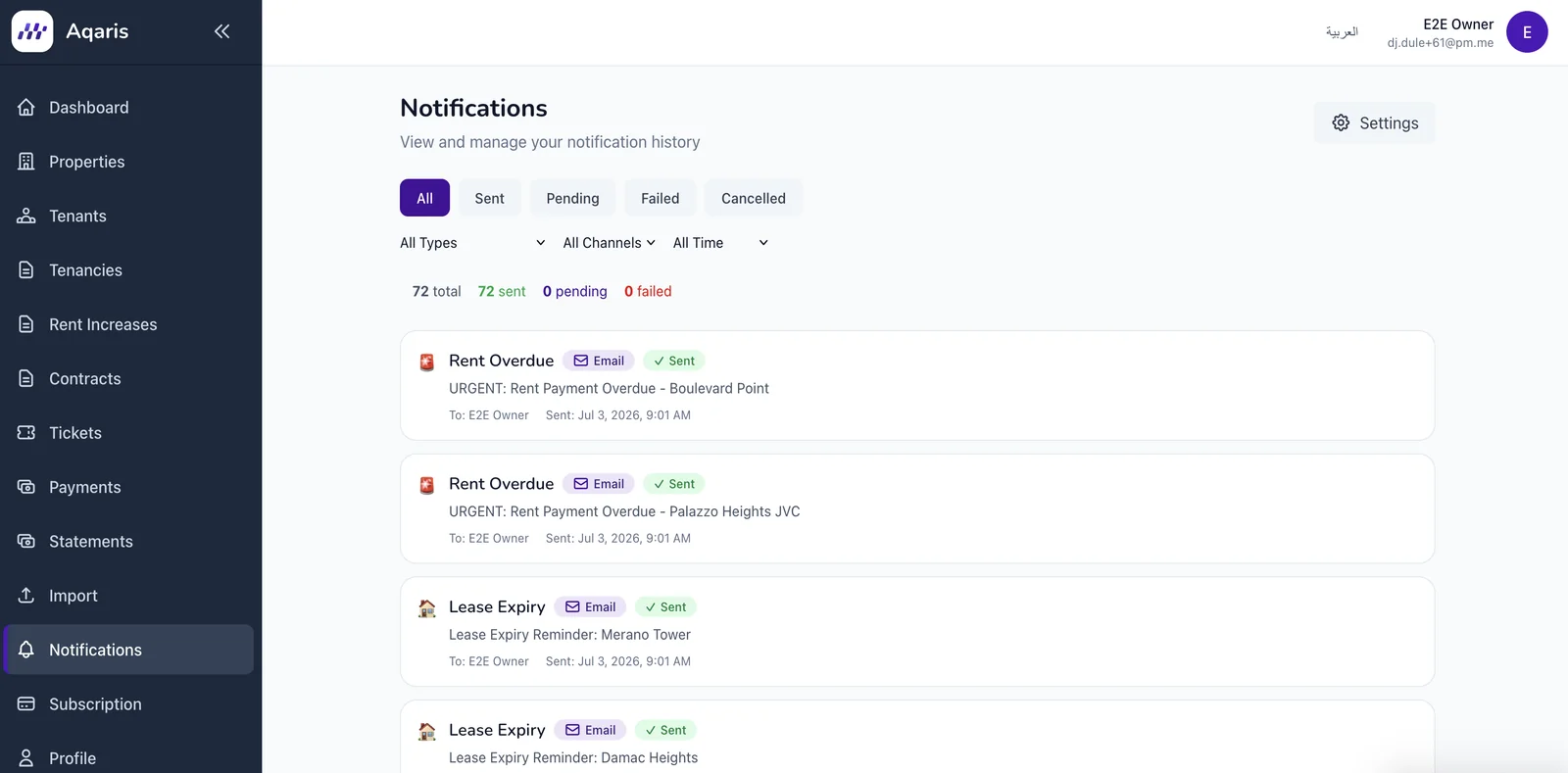 The Aqaris Notifications module — centralized alert inbox with per-channel delivery