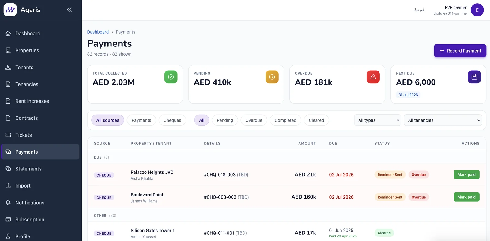 The Aqaris Payments module — PDC tracking with collected, pending, and overdue amounts