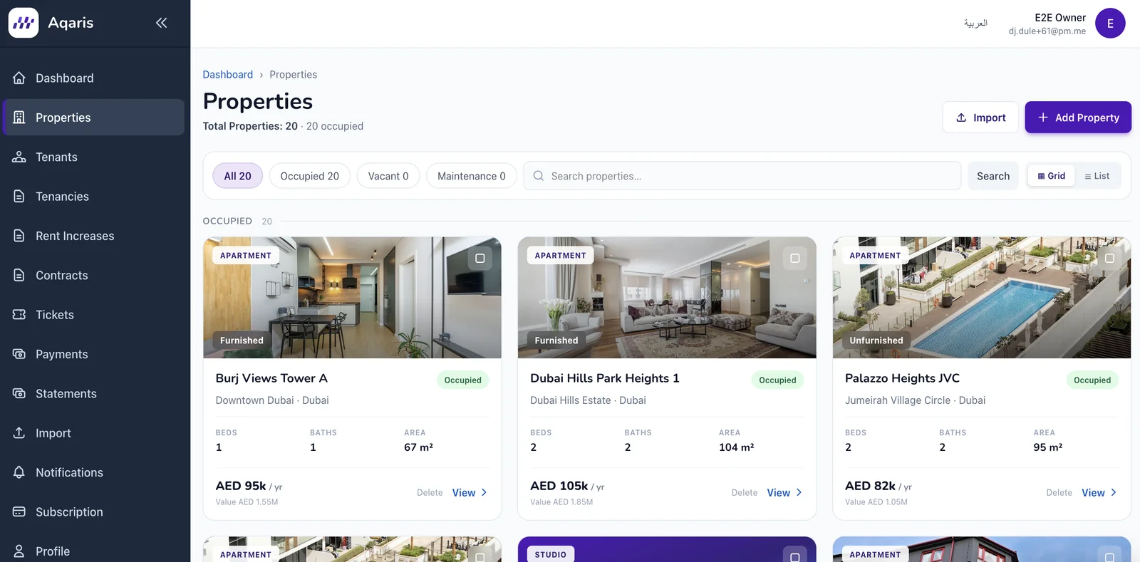 The Aqaris Properties module — portfolio grid with occupancy status, photos, and per-unit details