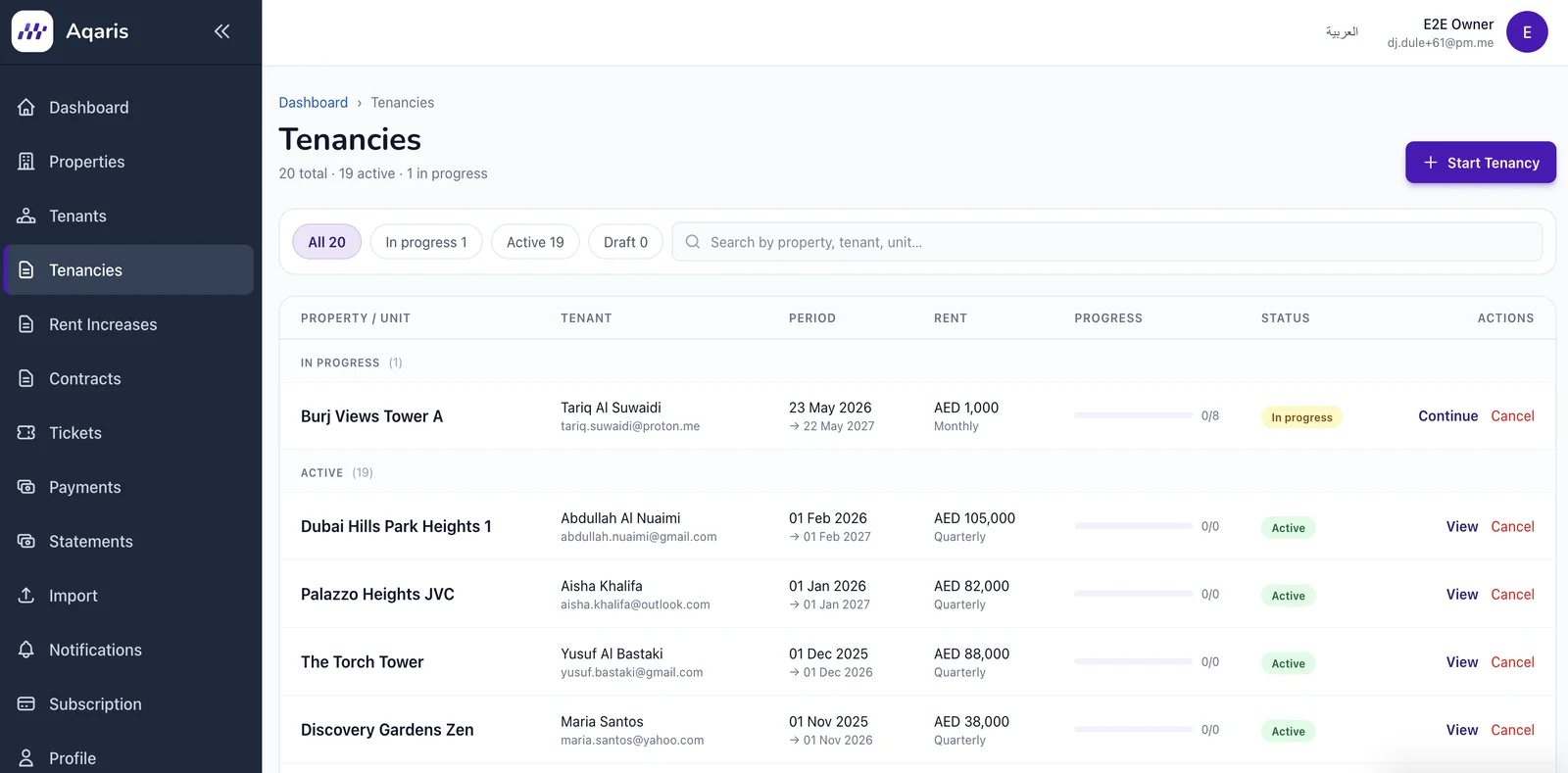 The Aqaris Tenancies module — lease records with statuses and the renewal pipeline