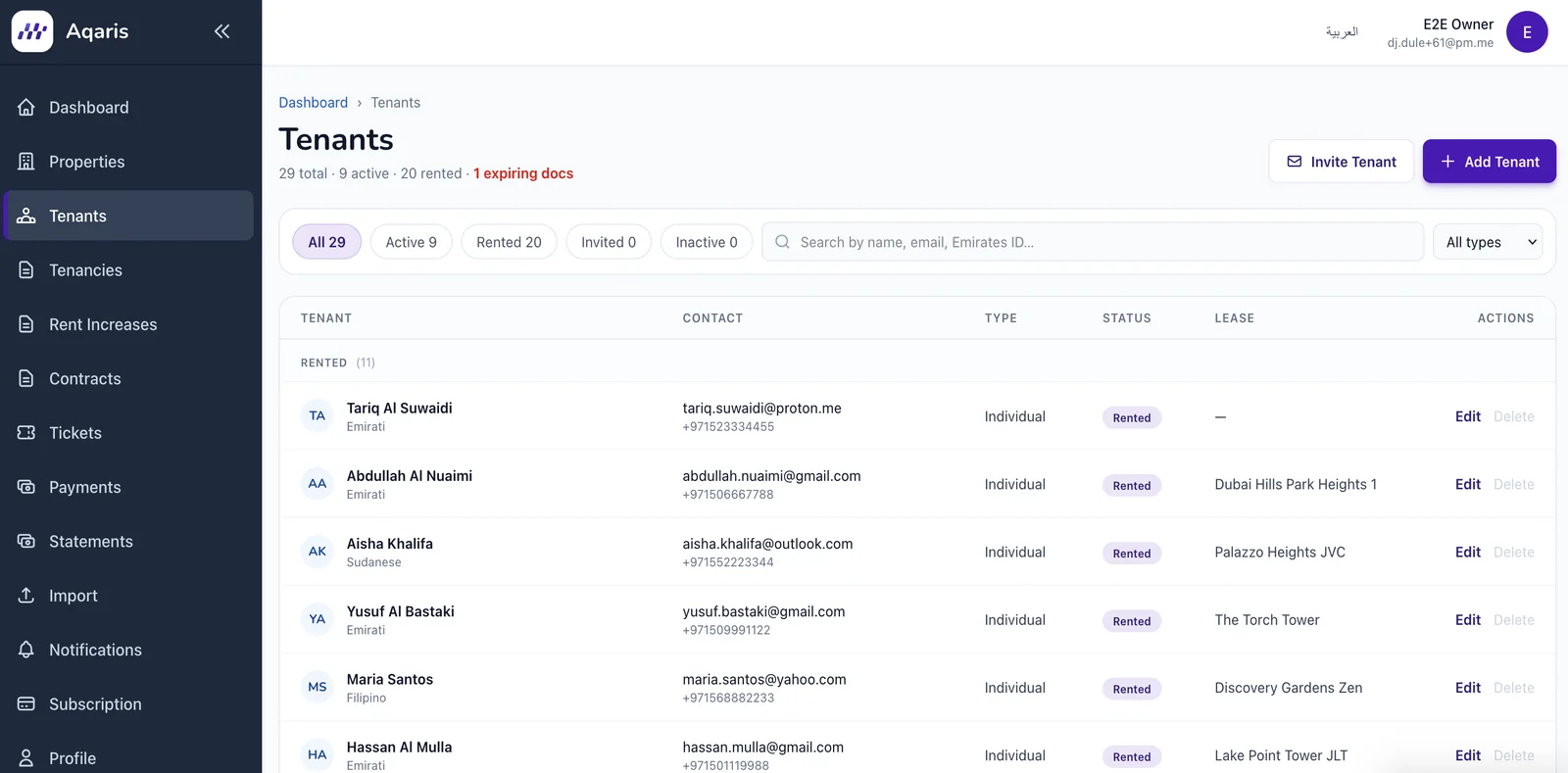 The Aqaris Tenants module — unified tenant profiles with documents and tenancy history